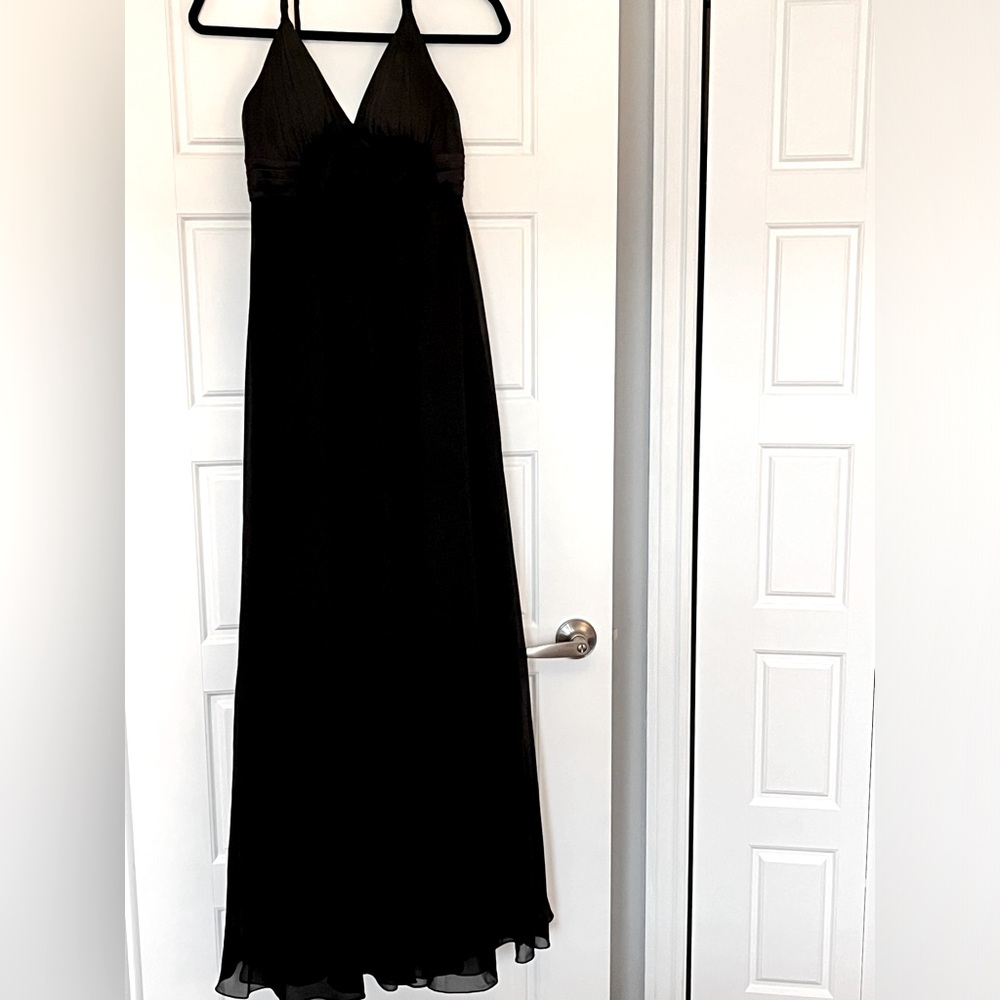 BARI JAY - BLACK SATIN CHIFFON ROSETTE SPAGHETTI MAXI DRESS